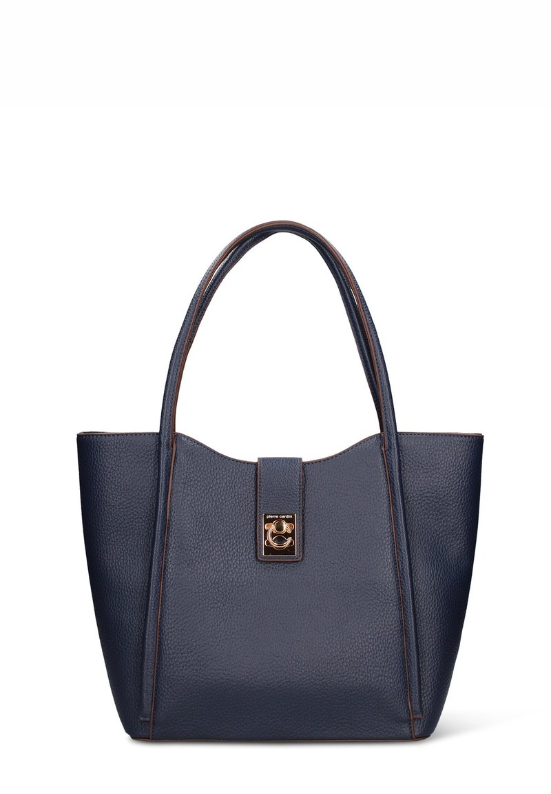 Donkerblauwe leren draagtas met een gestructureerd oppervlak, een vormvaste constructie, twee handvatten en een goudkleurige magnetische sluiting. Contrasterende stiksels omlijnen de randen.