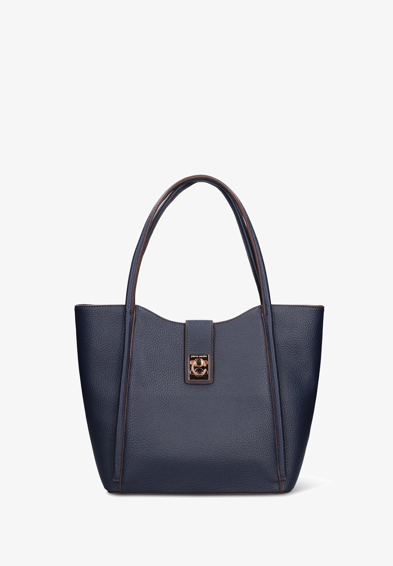 Donkerblauwe leren draagtas met een gestructureerd oppervlak, een vormvaste constructie, twee handvatten en een goudkleurige magnetische sluiting. Contrasterende stiksels omlijnen de randen.