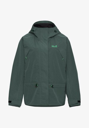 Green checkered waterproof jacket featuring a hood, adjustable drawstrings, two front pockets, and Velcro cuffs. Brand logo on chest.