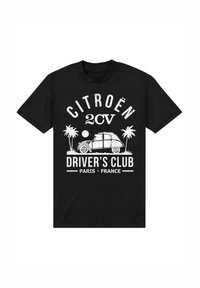 Svart bomull t-shirt med en vit grafik som visar en vintage bil, palmer och texten: "CITROËN 2CV DRIVER'S CLUB PARIS FRANKRIKE."