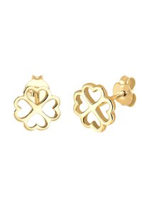 Guldtonede studs formet som en firkløver med udskårne hjerter, med en glat overflade og enkle bagstykker.
