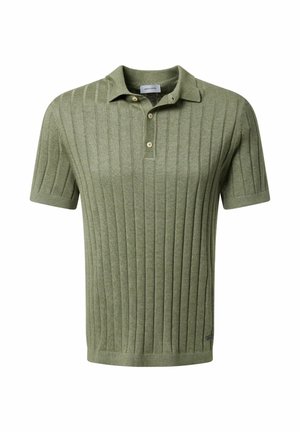 Olive green ribbed polo shirt made of textured fabric, featuring a classic collar, short sleeves, and three-button placket.