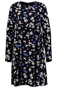 Långärmad klänning i marinblått tyg med ett blommönster som har vita och blå blommor, rund halsringning och en avslappnad passform.