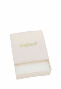 Caja rectangular blanca con una tapa abierta que muestra el texto dorado "amor" en la parte superior, sobre un fondo blanco liso.