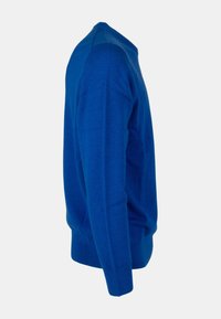 Maglione blu lavorato a maglia con scollo rotondo, polsini e orlo a coste. Realizzato in un tessuto morbido e liscio, presenta una vestibilità classica e spalle senza cuciture.