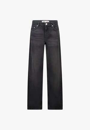 Jeans negros de pierna ancha hechos de mezclilla, con cierre de botones, diseño de cinco bolsillos y una textura sutilmente deslavada.