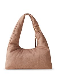 Sac hobo de couleur rose blush en tissu texturé, avec une poignée incurvée et un accent en anneau doré. Forme douce et rembourrée avec une fermeture éclair.