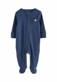 Body de bebé en azul marino con canalé, mangas largas, piernas cubiertas con pie, cremallera frontal y pequeño bolsillo en el pecho con etiqueta.
