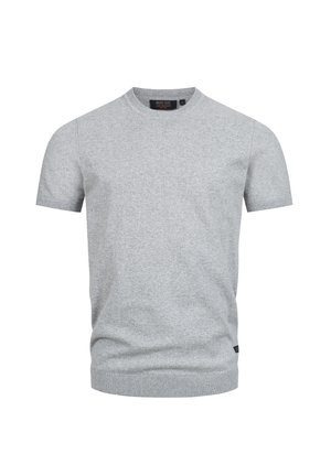 Maglione a maniche corte di colore grigio chiaro con scollo rotondo e collo, polsini e orlo a coste, mostrato su sfondo bianco.