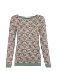 Sweter z długim rękawem w miękkim zielonym kolorze z misternym wzorem liści w odcieniach różu i ciemnej zieleni, z okrągłym dekoltem i ściągaczami na mankietach.