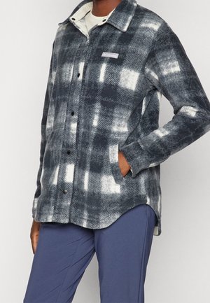 Persona che indossa una giacca in pile Columbia a quadri bianco e nero con bottoni a pressione e pantaloni blu, mano nella tasca della giacca.