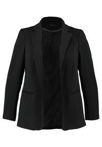Blazer nero con un design strutturato, caratterizzato da un colletto a revers, due tasche frontali e un tessuto testurizzato per un tocco di dettaglio in più.
