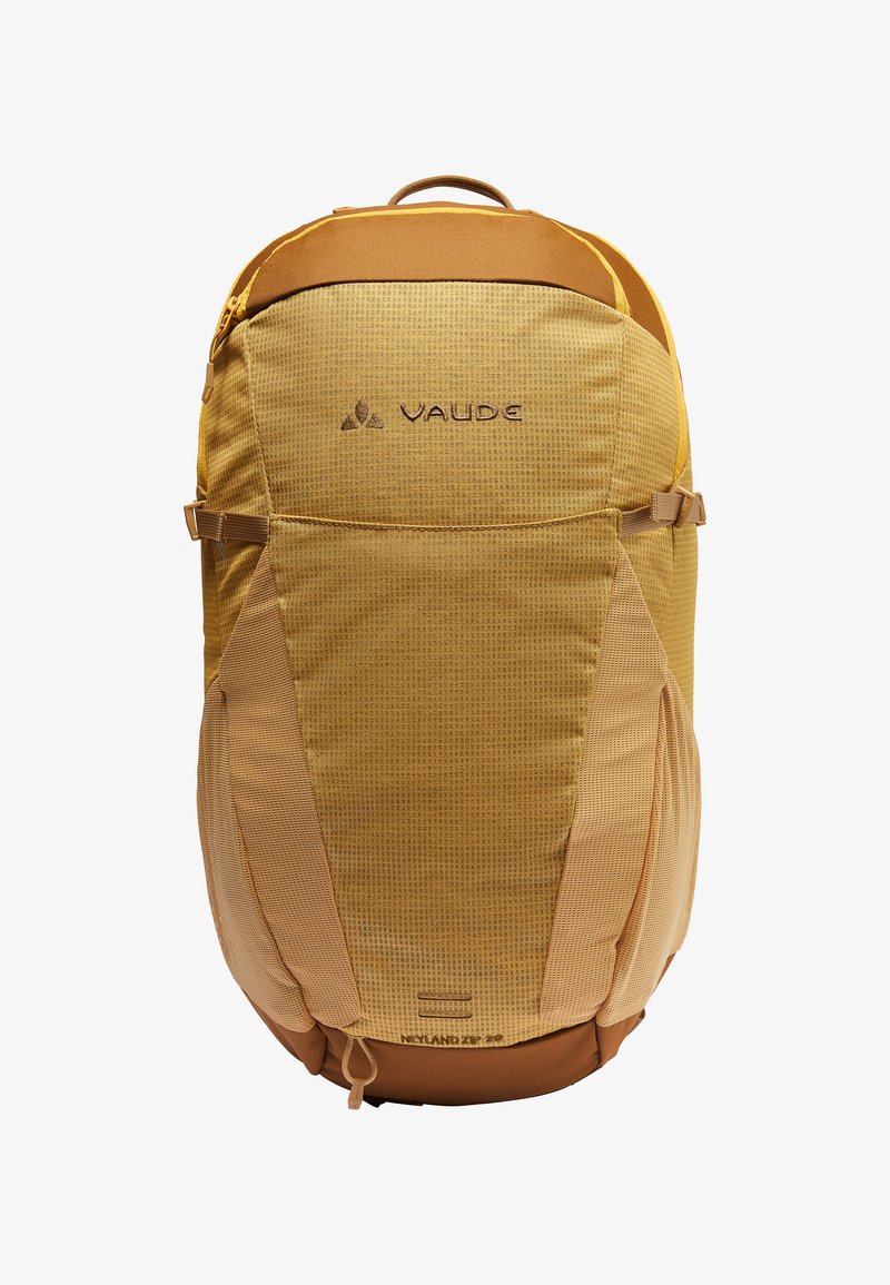 Sac à dos jaune à motifs avec un dos rembourré, des accents marron, des bretelles ajustables et une poignée supérieure. Présente un logo VAUDE sur le devant.