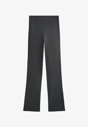 Pantaloni negri cu picioare largi și talie înaltă, expuși pe un fundal alb, fără modele sau ornamente vizibile.