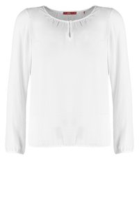 Blouse blanche à manches longues avec col rond, petit détail bouton œillet et poignets et ourlet élastiqués.