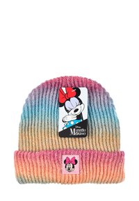 Gehaakte beanie met een verloop van roze naar blauw, voorzien van een omgeslagen manchet en Minnie Mouse-tags met cartoonontwerpen.