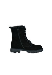 Schwarze Wildleder-Ankle Boots mit einem Kunstfellkragen, Schnürung vorne und einem seitlichen Reißverschluss für leichtes An- und Ausziehen. Strapazierfähige Gummisohle mit Traktion.