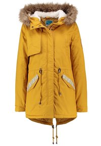 Žlutá parka s umělou kožešinou na kapuci, šňůrky v pase a na spodním lemu, dvě boční kapsy s reflexními prvky a zapínání na zip.