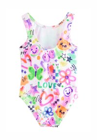 Meerlaagig kinderbadpak met een ronde hals, voorzien van speelse afbeeldingen van lachende gezichten, harten en vlinders op een pastelkleurige achtergrond.