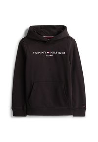 Sweat à capuche noir Tommy Hilfiger avec poche avant, logo brodé et texte "TOMMY HILFIGER EST. 1985" sur la poitrine, poignets et ourlet côtelés.