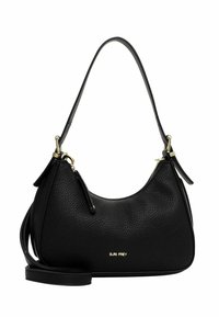 Black leather handbag with a pebbled texture, rounded shape, and gold hardware accents. Features short handles and a longer adjustable strap.