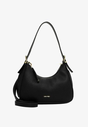 Borsa a tracolla in pelle nera con texture a grana, forma arrotondata e dettagli in metallo dorato. Presenta manici corti e una lunga tracolla regolabile.