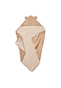 Handtuchumhang in Beige mit einem Leopardenmuster-Rand. Aus weichem, plüschigem Stoff gefertigt, mit einer Kapuze, die mit Tierohren gestaltet ist.
