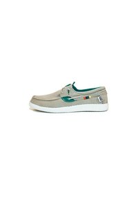 Zapato de lona gris claro con detalles en verde, punta redonda, suela blanca y pequeño detalle de bandera en el lado. Diseño con cordones y perfil bajo.