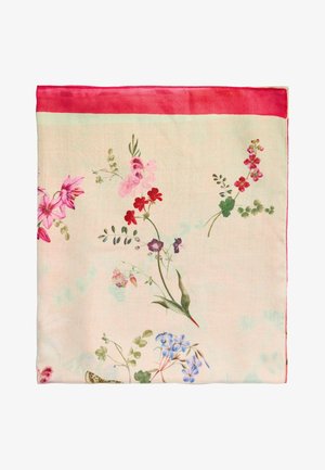 Lys cremefarvet stof med en lys pink kant og spredte blomsterprint i pink, rød, lilla og blå med grønne blade.