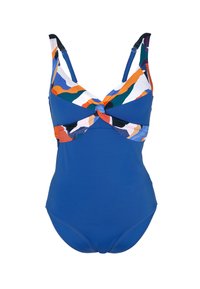 Costume intero blu con dettaglio frontale annodato. Presenta motivi geometrici multicolore nella parte superiore e spalline regolabili.