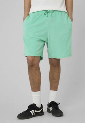 Homme portant un short vert clair à cordon, des chaussettes blanches mi-mollet et des baskets noires avec des bandes blanches, debout devant un fond uni.