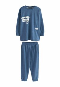 Survêtement en coton bleu comprenant un haut à manches longues avec le texte blanc "COOL Times EVERYDAY" et un pantalon à taille élastique assorti. Texturé lisse.