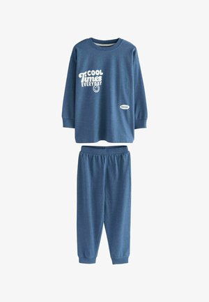 Blauer Baumwoll-Jogginganzug mit einem langärmeligen Oberteil, das den weißen Text "COOL Times EVERYDAY" trägt, und passenden elastischen Hosen. Glatte Textur.