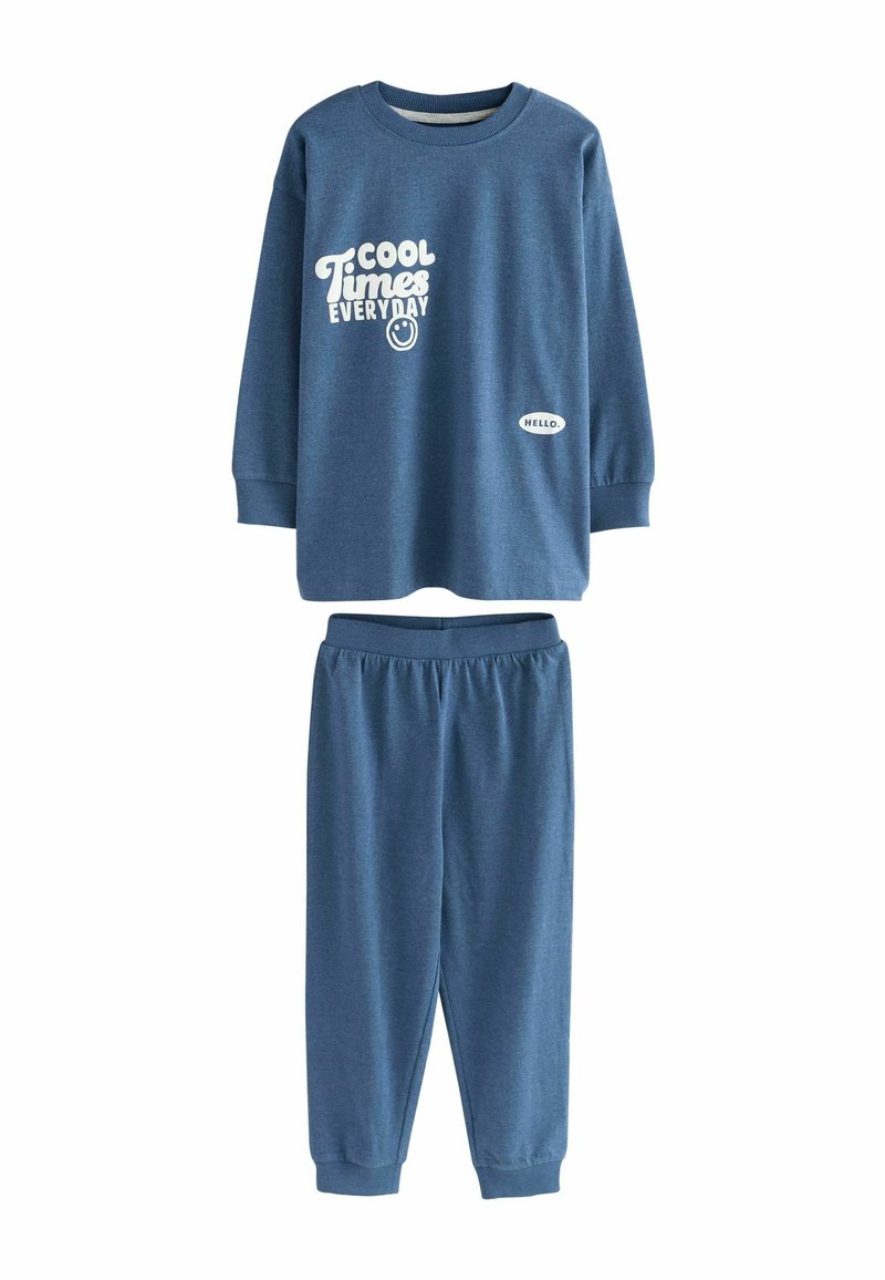 Survêtement en coton bleu comprenant un haut à manches longues avec le texte blanc "COOL Times EVERYDAY" et un pantalon à taille élastique assorti. Texturé lisse.