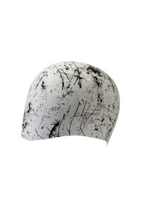 Casco bianco con motivi a graffi neri, design arrotondato, superficie liscia e vestibilità aderente. Nessun hardware o accenti visibili.