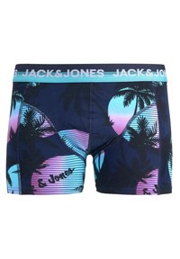 Shorts de bain bleu marine avec un motif de palmier et de coucher de soleil en rose et turquoise. Présentent une taille élastique contrastante bleu clair.
