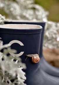 Tengerészkék gumicsizma fehér kör alakú logóval; egy barna csíkozású csiga pihen az oldalán, zöld növényzet veszi körül.