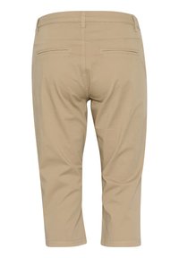 Beige Cropped-Hosen mit einer glatten Textur, ausgestattet mit zwei Gesäßtaschen und einem geraden Schnitt, geeignet für legere Anlässe.