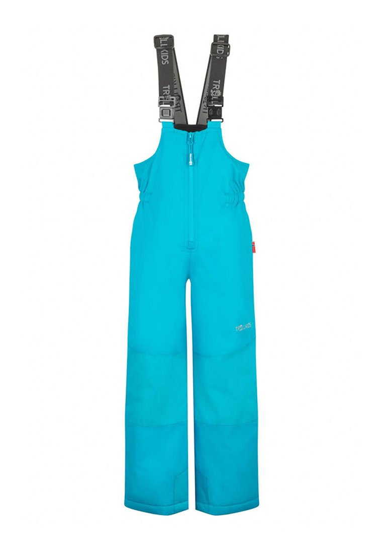 Aquamarine ski overalls with adjustable black straps, a front zipper, padded texture, and side pockets. Designed for warmth and comfort.