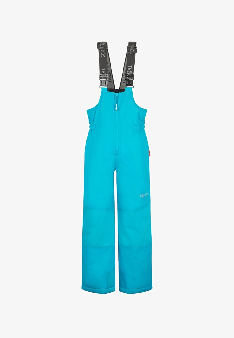 Aquamarine ski overalls with adjustable black straps, a front zipper, padded texture, and side pockets. Designed for warmth and comfort.