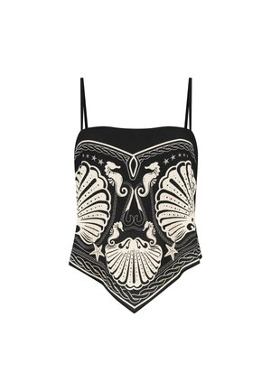 Black strapless top with white shell and seahorse embroidery, intricate pattern, smooth texture, and a pointed hemline.