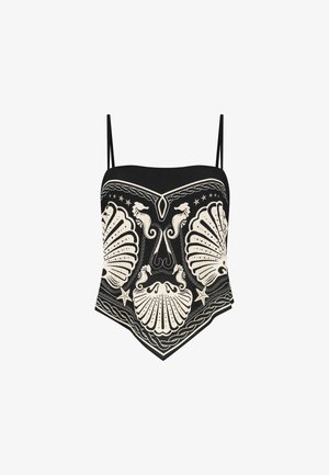 Black strapless top with white shell and seahorse embroidery, intricate pattern, smooth texture, and a pointed hemline.