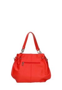 Borsa a mano in finta pelle rossa con doppi manici corti, tasca anteriore con zipper e finiture in metallo argentato. Texture morbida e design morbido.