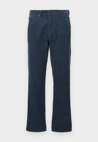 Sötétkék kordbársony nadrág, egyenes szárú fazonnal, elülső zsebbel, gombos sliccel és finom bordázott mintázattal.