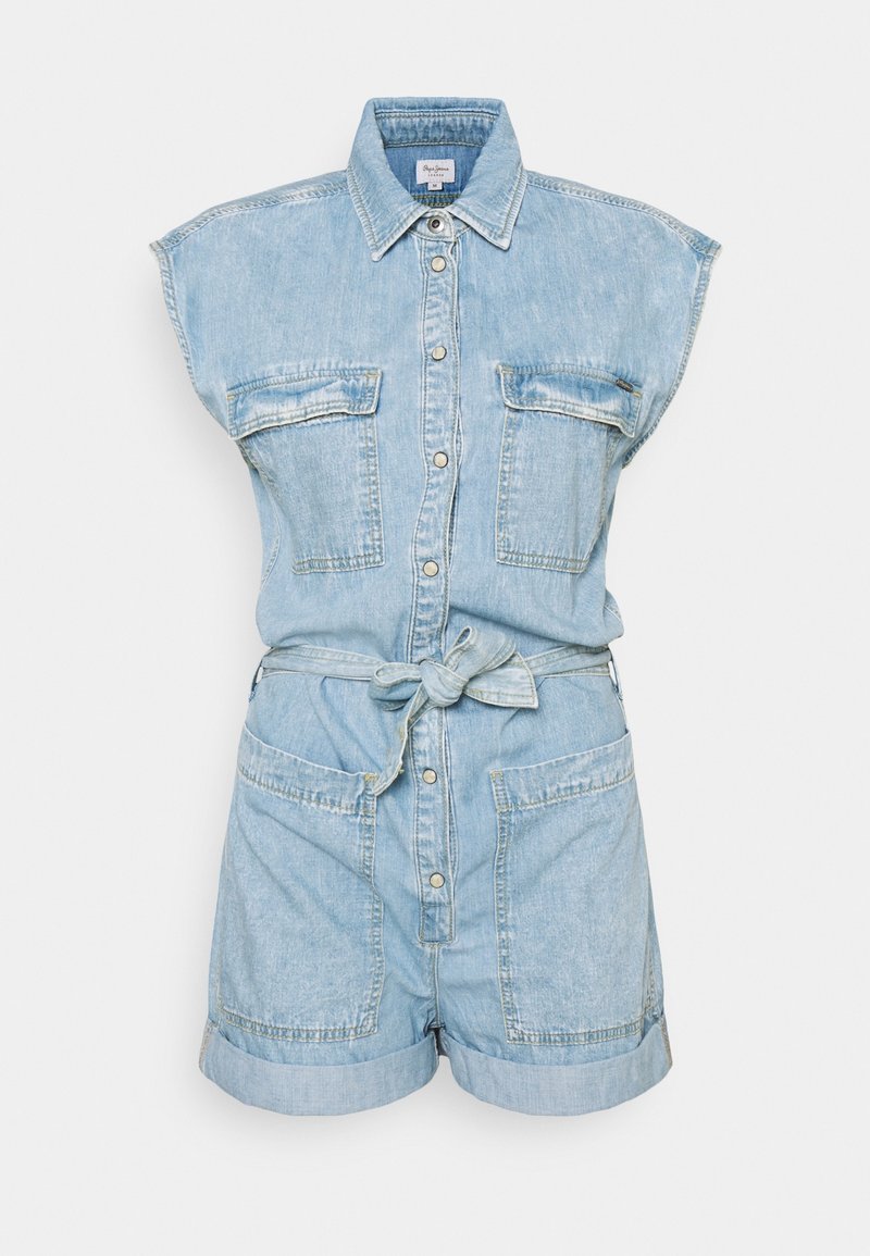 Light blue denim sleeveless romper with front button closure, chest and hip pockets, collared neckline, and tied waist belt.