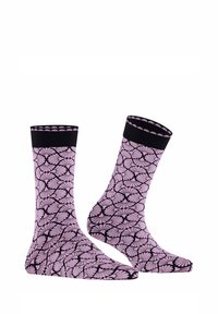 Lila Socken mit floralem Muster und schwarzen Akzenten am oberen Teil. Hergestellt aus einem weichen, dehnbaren Material mit glatter Textur.