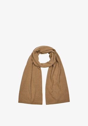 Sciarpa a maglia beige realizzata in morbido materiale. Forma rettangolare lunga con una texture liscia e bordi rifiniti.