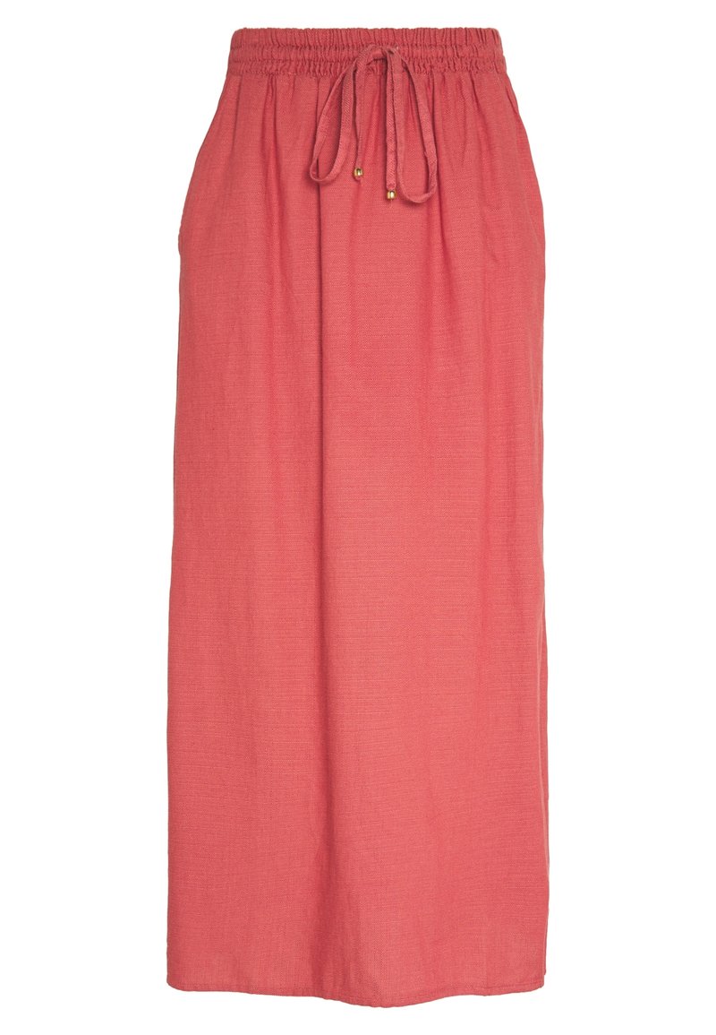 Gonna lunga in lino rosa con cintura regolabile, caratterizzata da una vestibilità comoda e una texture liscia, ideale per un look casual.