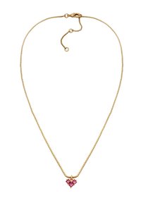Goldene Halskette mit einem kleinen herzförmigen Anhänger aus drei rosa Edelsteinen, ausgestattet mit einem Karabinerverschluss und verstellbarer Kettenlänge.