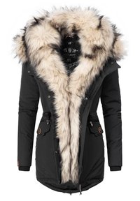 Parka negra con collar de piel sintética. Cuenta con cierre de cremallera y botones, bolsillos frontales y cordones ajustables en la cintura y el dobladillo.